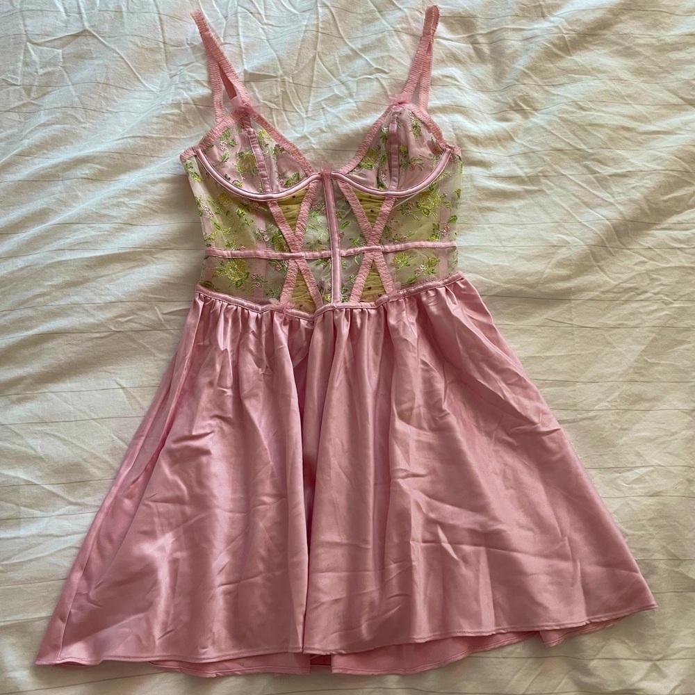 For Love & Lemons Camila Tank Slip Dress Pink Pastel Floral Corset Bustier XS